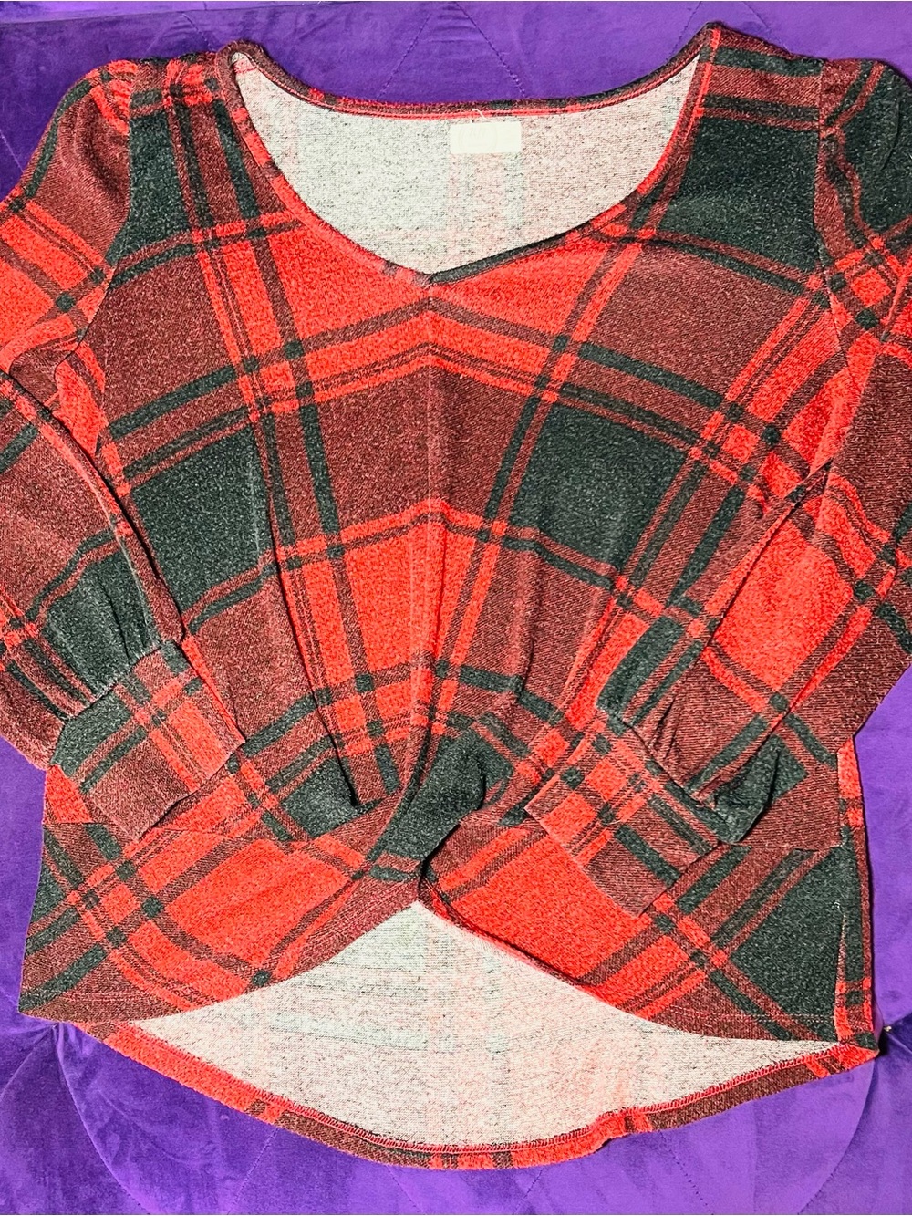 Maurices Red and Black Plaid Twist-Hem Long Sleeve Top